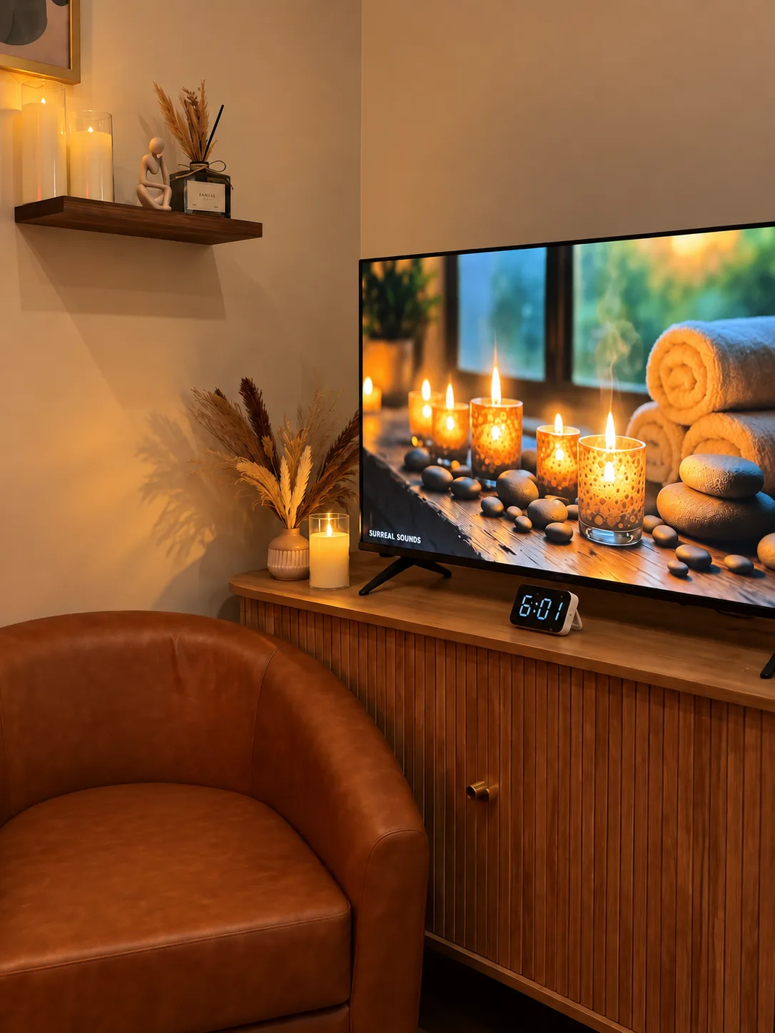 Relaxation corner with leather chair, candles, and an in-room TV playing calming spa visuals