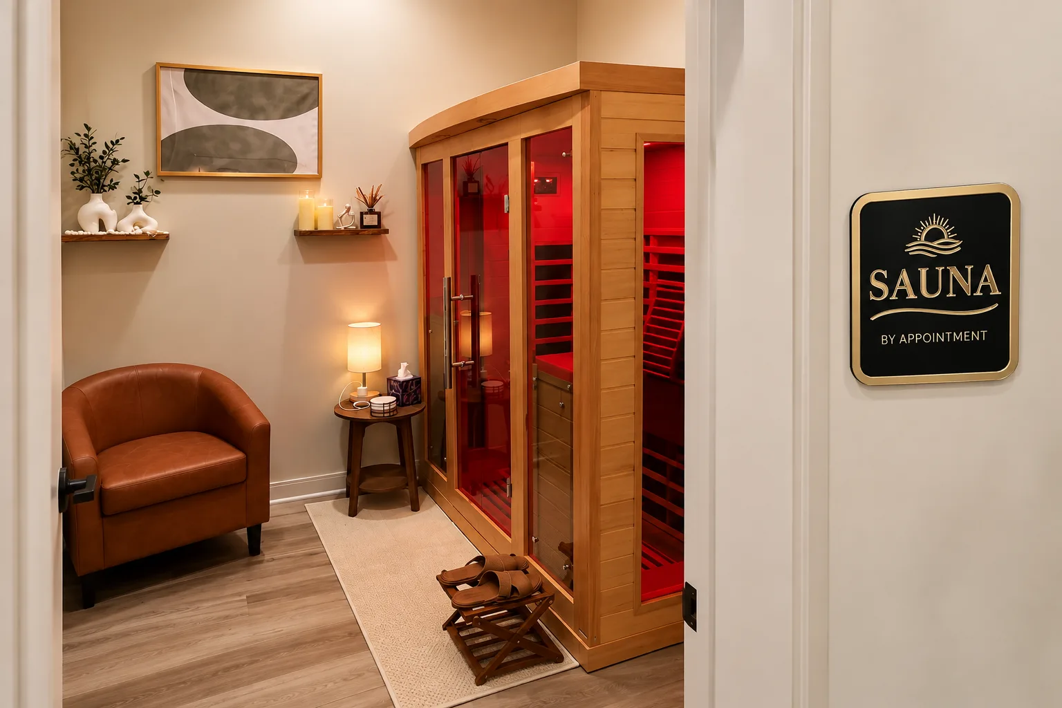 Private infrared sauna room with warm red therapy light and the Sauna By Appointment sign, in our Agoura Hills salon
